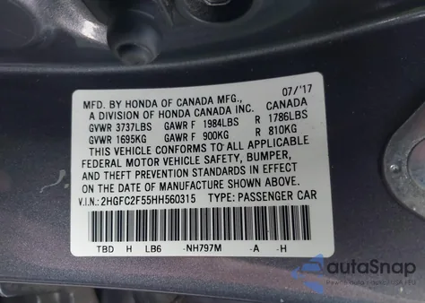 2017 Honda Civic Lx из США, поврежденный, VIN 2HGFC2F55HH560315